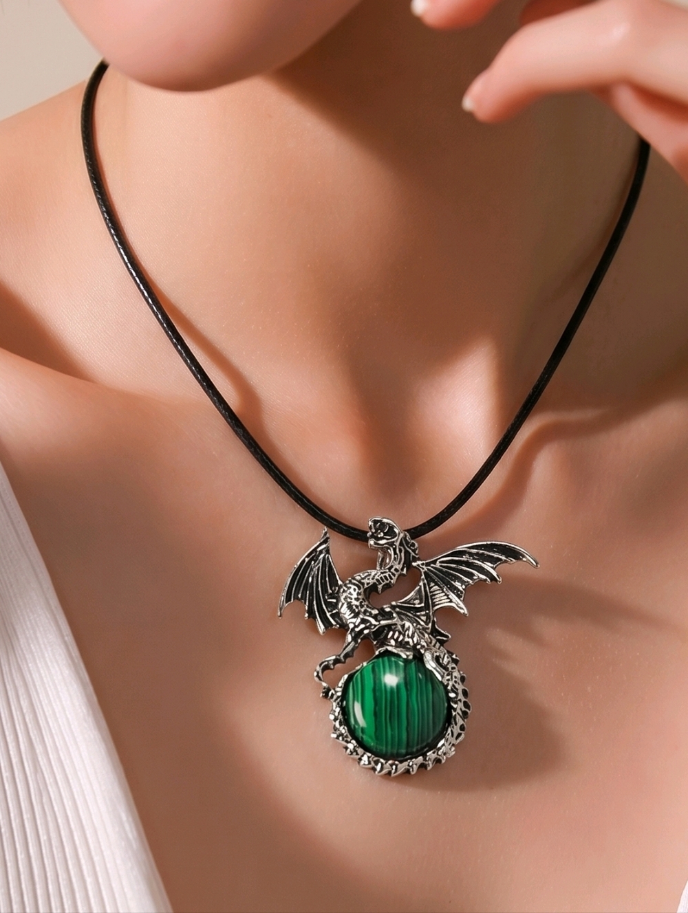 Malachite Dragon Orb Pendant Necklace Green Striped Stone Gothic Fantasy Jewelry